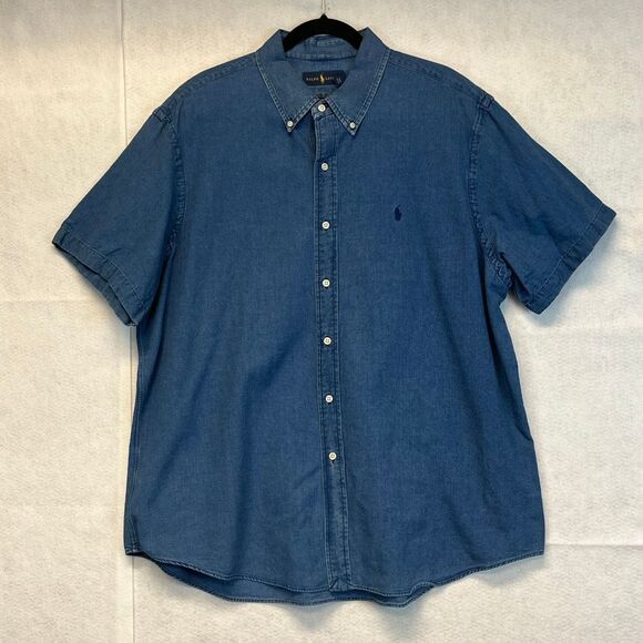 RALPH LAUREN Shirt Men's 2XL Blue Chambray Button Down Short Sleeve Pony Logo - Picture 1 of 13